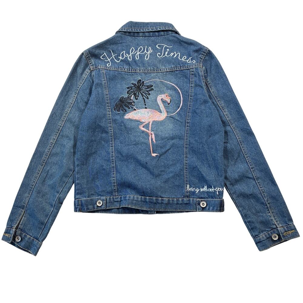 Jean Jacket Womens XS Embroidered Flamingo Miami 80s Retro Denim Pull & Bear